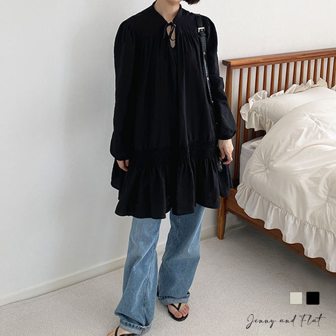 シャーリングゆるワンピース┃全2色┃メール便可能┃JennyandFlatジェニアンドフラット┃ゆったりとしたシルエットが体型を美しくカバーし、シャーリングがアクセントとなり、女性らしさを引き立てます。カジュアルにもフェミニンにもアレンジ自在。のサムネイル