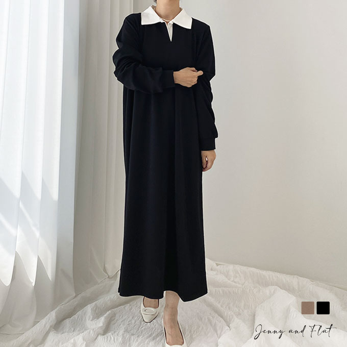 カラー長袖ロングワンピース┃全2色┃宅配便発送┃JennyandFlat┃ジェニアンドフラット┃シンプルでありながら洗練されたデザインが特徴です。体型を美しくカバーし、大人の女性にぴったりのきれいめなスタイルを提供します。のサムネイル