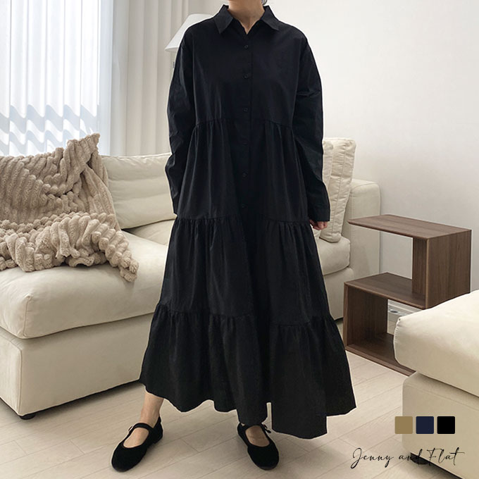 【 即日発送 】 シャーリングシャツワンピース┃全3色┃宅急便発送┃Jenny and Flat┃ジェニアンドフラット┃体型を自然にカバーし、妊婦の方にも快適に着用いただけます。マキシ丈でエレガントな印象を与えつつ、ポケット付きで実用性も兼ね備えています。のサムネイル