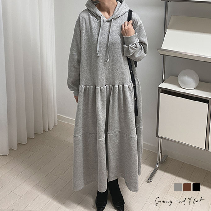 裏起毛シャーリングフード付きフレアワンピース┃全3色┃宅急便発送┃Jenny and Flat┃ジェニアンドフラット┃のサムネイル