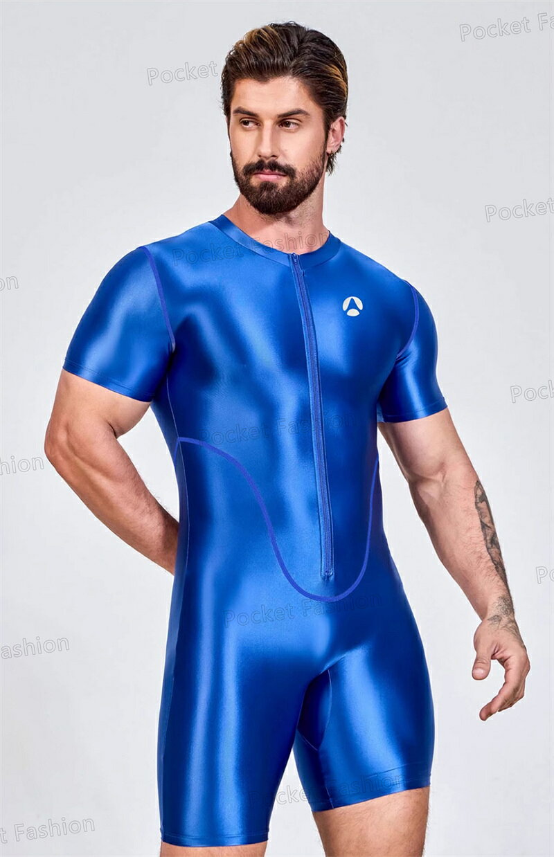 Pocket Fashionのボディタイツ 光沢 メンズ 半袖 ジャンプスーツ トライアスロン レーシング レーサー サイクリング 競泳 水着 ジップアップ ボディスーツ アンダースーツ 定番 コスチューム コスプレ｜アングル2