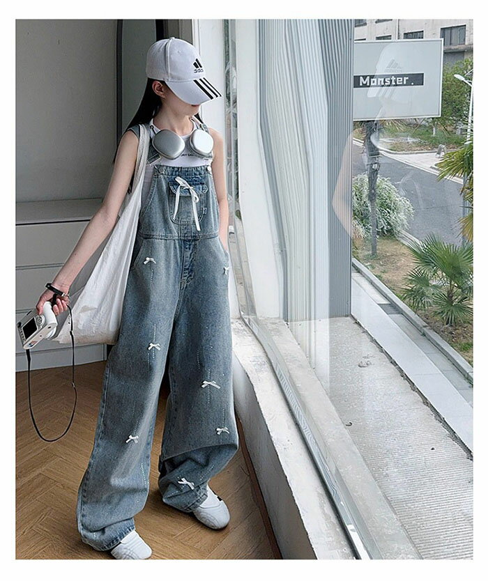 サロペットパンツ キッズ デニムサロペット 女の子 ロングパンツ 春服 子供 夏 デニムパンツ ワイドパンツ デニム ボトムス 長ズボン オールシーズン オールインワン オーバーオール パンツ シンプル カジュアル 可愛い 通学 小学生 旅行 コーデ 3