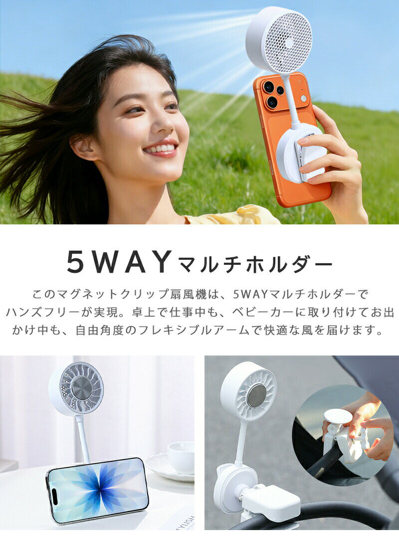 【6WAYクリップとマグネット扇風機】ハンディファン Magsafe対応 充電式扇風機 マ...