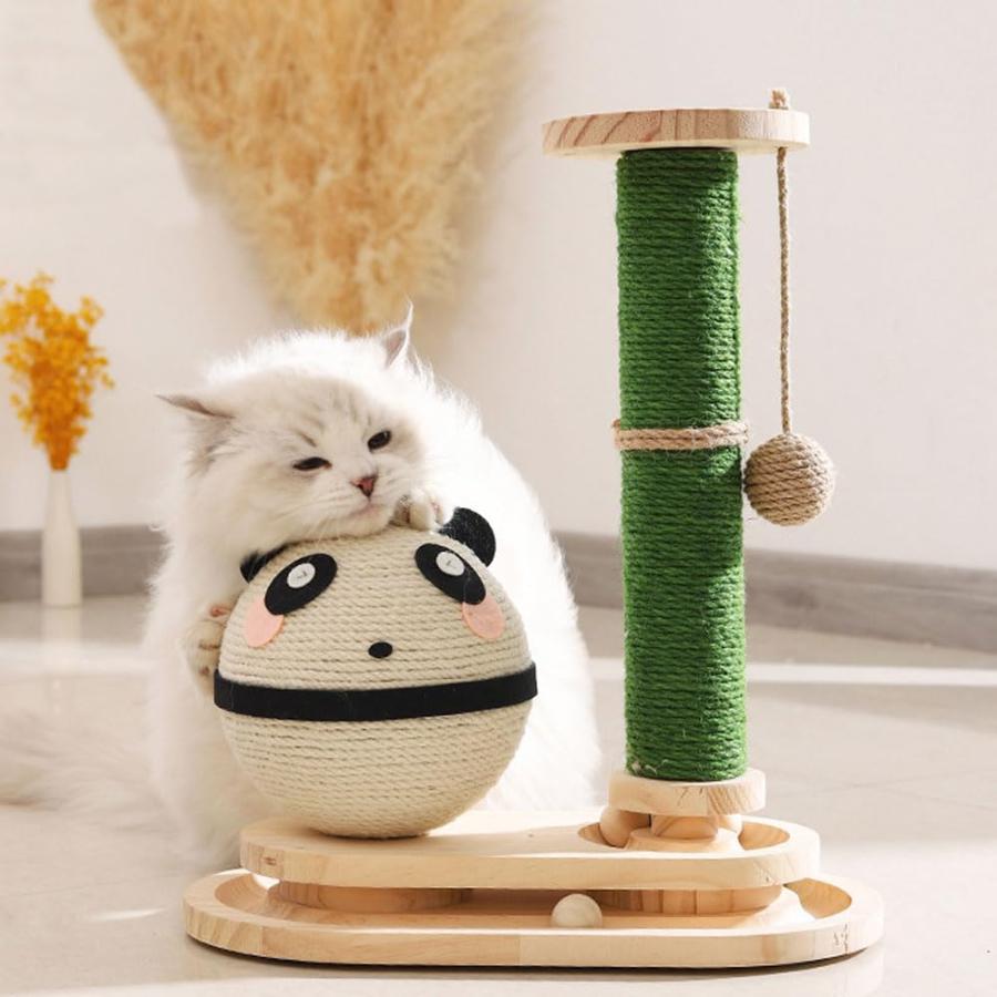 Rakuten - 2in1 猫タワー 爪研ぎ おもちゃ パンダ 木製 キャットタワー 爪とぎ ポール 麻 小型 コロコロ ボール遊び タワー 子猫 保護猫 つめとぎ 爪磨き カスが出ない 遊ぶ盤付き 安全 安心 可愛い