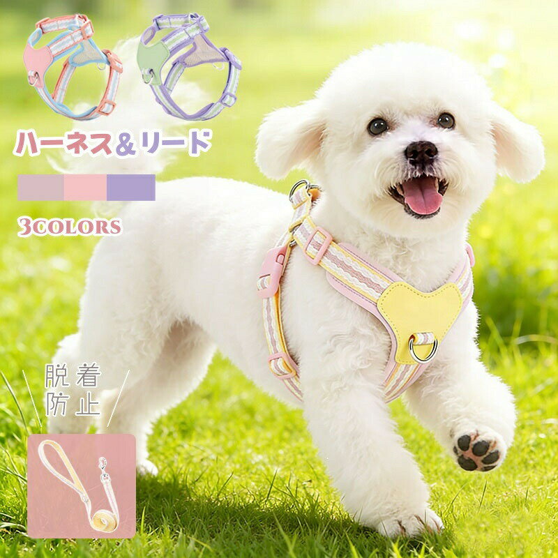 Other - 犬 ハーネス ハーネスリード リード付き 犬用ハーネス リードセット ペットハーネス 犬用 子犬 超小型犬 ベスト 小型犬 牽引ロープ 胸当て 胴輪 ベスト型ハーネス ハーネスセット 可愛い 軽量 調節可能 着脱簡単 2点セット 引っ張り防止 洋服 日常着 通気 お散歩 お出かけ