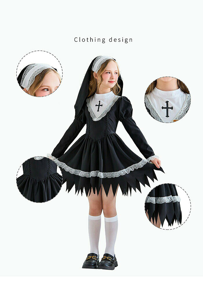 ハロウィン コスプレ 衣装 子供用 コスプレ衣装 長袖ロリータワンピース ヘッドスカーフ付き コスチューム カーニバル 十字架ロリータドレス halloween 女児 大人クロスモチーフ シスターコスプレ 発表会 ステージ衣装 修道女 コスプレ 衣装 修道院 聖女 max-77max-10015905 Pocket Fashion サンプル画像3