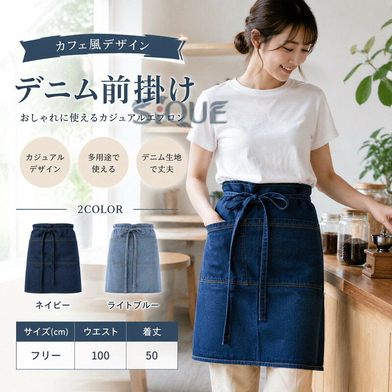 カフェ風 デニム 多色展開 おしゃれ前掛け エプロン前掛け 小物雑貨 ライトブルー ...