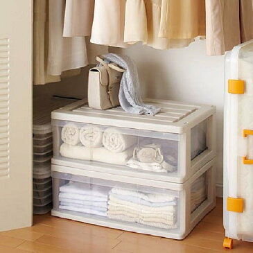 【送料無料 全16色】収納ボックス 収納ケース プラスチック 引き出し 1段 2個組 幅60 奥行40 高さ22.5cm ワイド カラフルチェスト 完成品 おしゃれ ベージュ/クリア 【メーカー 自社製造 日本製】