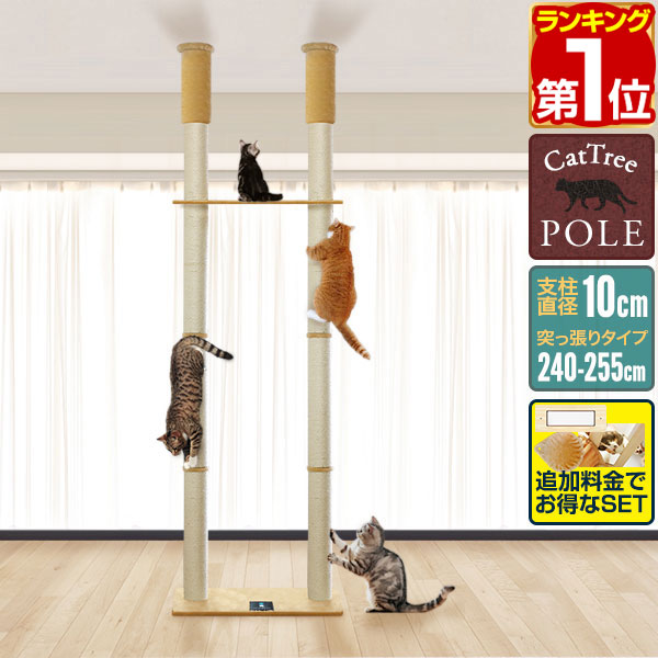 Rakuten - 【10,450円→SALE9,790円〜6/11(木)01:59まで】【楽天1位】キャットツリー 突っ張り ツイン 直径 10cm 高さ 240 - 255cm 幅 75cm 渡り板付き 猫タワー シニア 運動不足 木登り きのぼり 木登りタワー 木登りキャットポール 組み立て 設置 ★[送料無料]