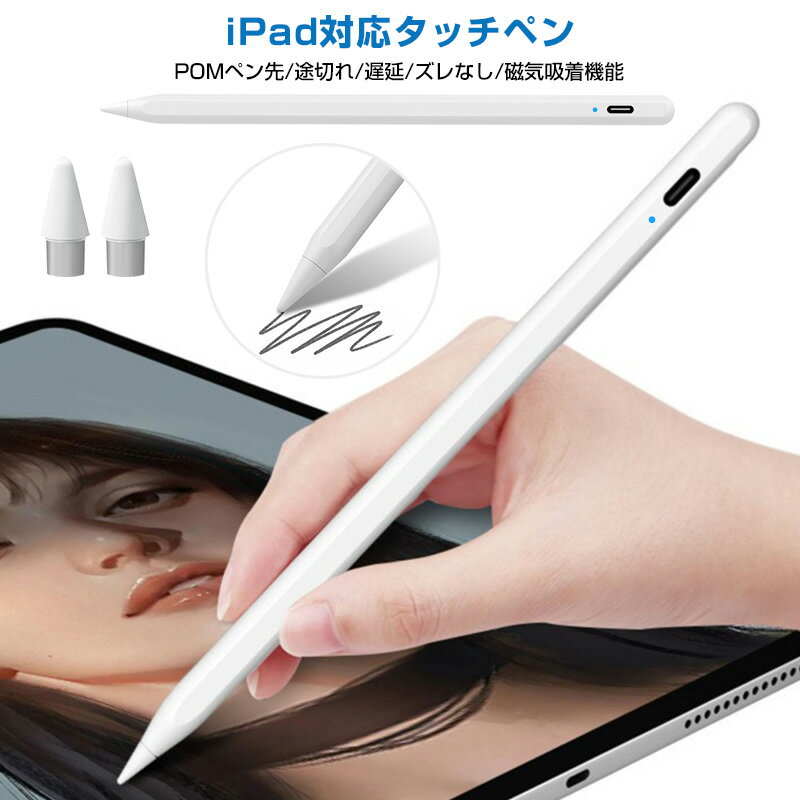 iPadタッチペン iOS Android 対応 タッチペン POM ペン先 途切れなし 遅延なし ズレなし 磁気吸着 節電 オートスリープ Type-C USB USB充電 充電 iPad ペン スタイラスペン タブレットペン Pencil Ipadペン 超高感度 傾き感知 POMペン先 磁気吸着 送料無料