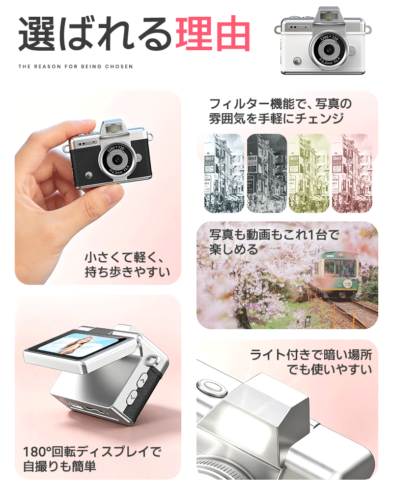 ミニカメラ キッズカメラ トイカメラ 小型 軽量 写真 高性能 自撮り 超ミニ 写真・動画対応 180度回転ディスプレイ ライト付き フィルター機能 かわいい レトロ おしゃれ 持ち運び便利 通学/旅行/お出かけ/日常記録/自撮り/お子様/学生/女性/ギフト用など maxushop-10001915 maxu サンプル画像3