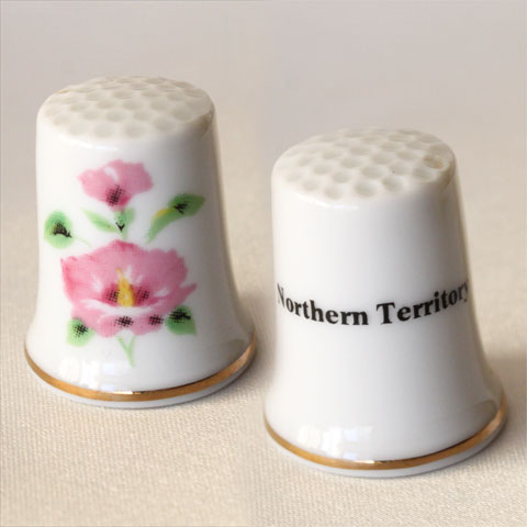 THE AUSTRALIAN WILDFLOWER THIMBLE COLLECTION オーストラリアの花、シンブル・コレクションから 「ノーザン・テリトリー　　デザート・ローズ」 NORTHERN TERRITORY　　DESERT ROSE とても綺麗な花のデザイン。 体面には地名が書かれています。 ファイン・ボーン・チャイナ サイズ：約23x23x27mm　