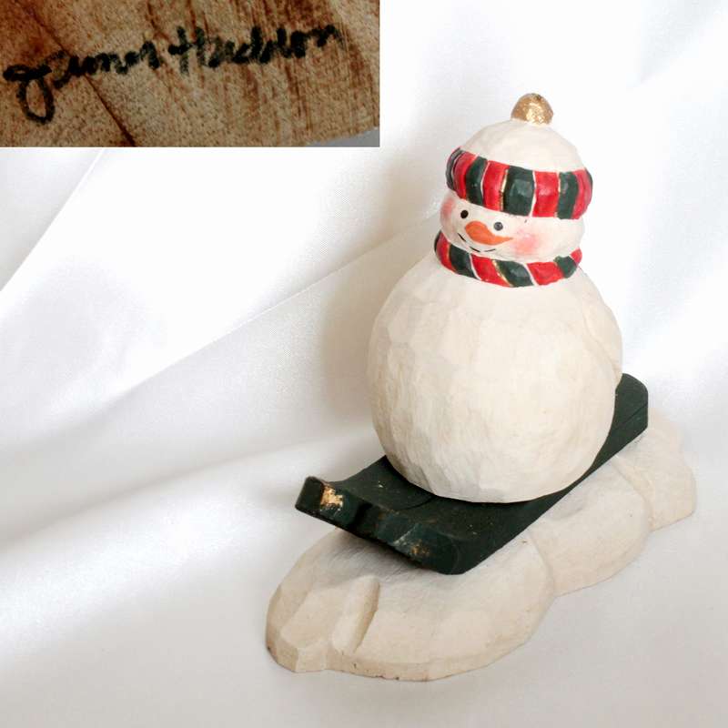 木彫り　クリスマスオーナメント　スノーマン　スキー　カントリー　木製　置物