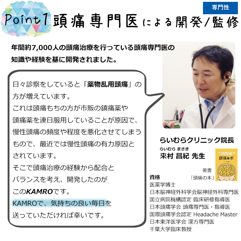 KAMROかむろ120カプセル頭痛専門医による開発/監修サプリメント頭痛専門医頭痛サプリサプリメント日本製ビタミンB2ビタミンB1ビタミンB6ビタミンB12ビタミンC葉酸ビタミン豊富マグネシウム來村昌紀らいむら先生メイフラワー公式