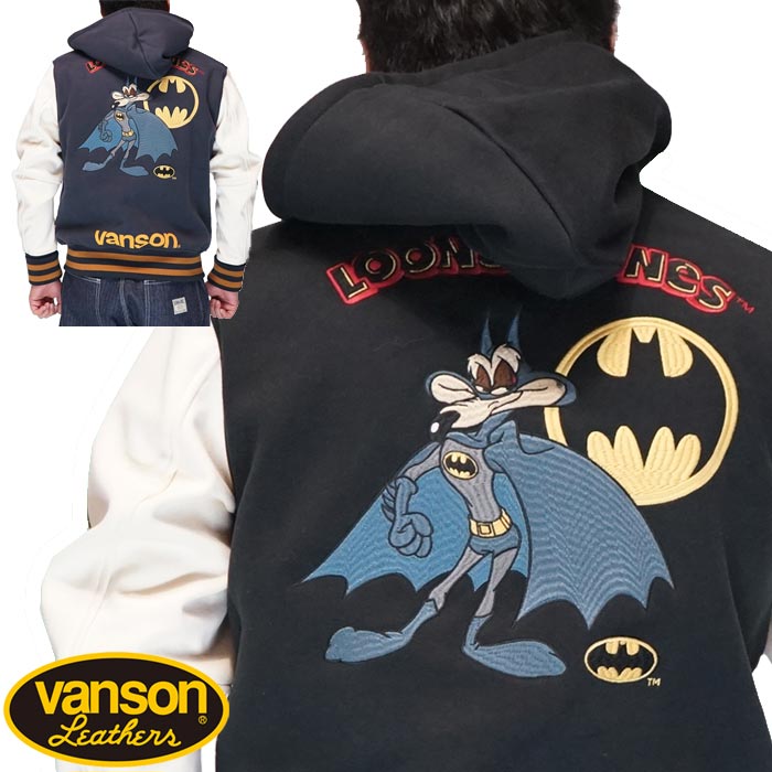 VANSON【バンソン】　ライダースジャケットのトップブランド。その厚く独特な光沢に仕上げられた牛革の艶ありなめらかな革ジャンは"MADE IN USA"を本当にに感じさせてくれ。アメリカ製品が持つハードなカッコ良さがいい。常に最高品質のレザーウエアを追求し続ける「バンソン」。全てのバイク用品の過酷な実験場でもあるレーシングトラックを舞台に、長年にわたって支持率NO.1の座をキープし、信頼され続けています。シブカッコよく決めたい男性なら1つは持っておきたいvanson（バンソン）アイテム。【ブランド名/商品名】VANSON バンソン ルーニー テューンズ コラボ LOONEY TUNES コラボ ボンディング スタジャン ジャケット アウター メンズ LTV-2404【デザイン】バンソンから新作スタジャンが登場!!ワイリーがバットマンにふんしている100周年記念モデルです。【モデル】身長175cm 76kg Lサイズを着用【サイズ】M ：着丈60/身幅51/肩幅45/袖丈62/L ：着丈63/身幅56/肩幅48/袖丈62/XL ：着丈65/身幅60/肩幅50/袖丈65/XXL：着丈66/身幅62/肩幅53/袖丈67/※手作業による採寸や個体差のため、誤差があります。【素材】綿100%【品番】LTV-2404■VANSON（バンソン）全アイテム一覧へGO