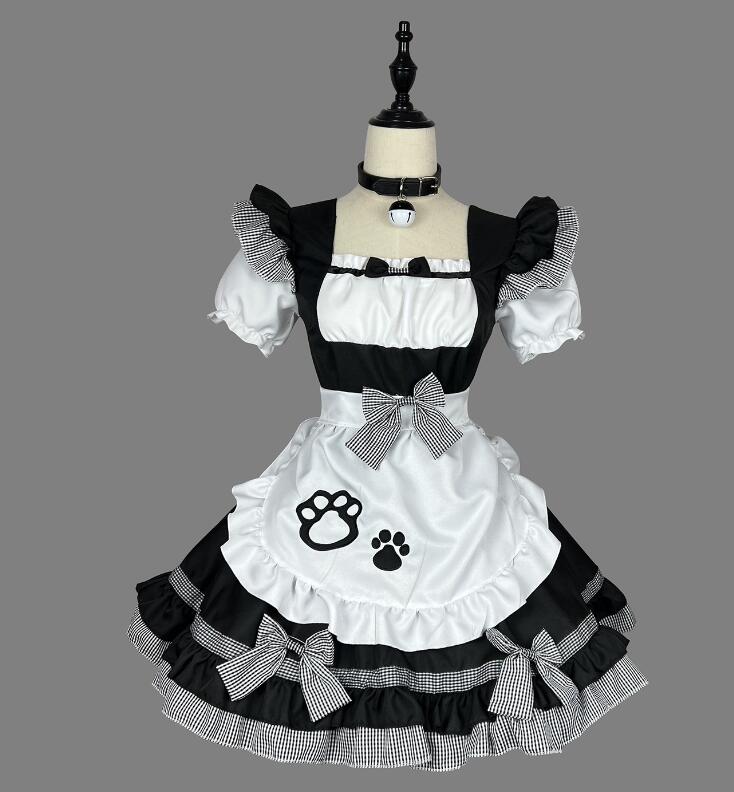 maybe02shopのレディースワンピース メイド服 半袖 猫爪柄ワンピース 3色 髪飾りCOSPLAY ミモレ丈 ロリータ ワンピースメイド お姫様 ロリータドレス 大人 コスチューム パニエ対応可能 ハロウィン コスプレ 可愛い エプロンドレス カチューシャ付 学園祭 舞台衣装 仮装 女装｜アングル2
