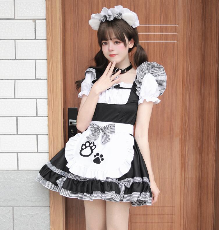 maybe02shopのレディースワンピース メイド服 半袖 猫爪柄ワンピース 3色 髪飾りCOSPLAY ミモレ丈 ロリータ ワンピースメイド お姫様 ロリータドレス 大人 コスチューム パニエ対応可能 ハロウィン コスプレ 可愛い エプロンドレス カチューシャ付 学園祭 舞台衣装 仮装 女装｜アングル3
