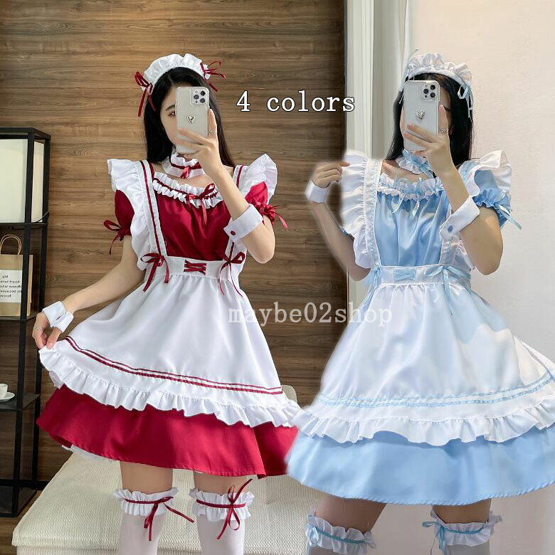 Rakuten - メイド服 4色 半袖ドレス ドレス ミモレ丈ワンピース 萌え萌え Lolitaミモレ丈 ロリータ ワンピースメイド お姫様 ロリータドレス女性 大人 コスチューム パニエ対応 ハロウィン コスプレ フリル裾 エプロンドレス カチューシャ付 学園祭 舞台衣装 仮装 女装