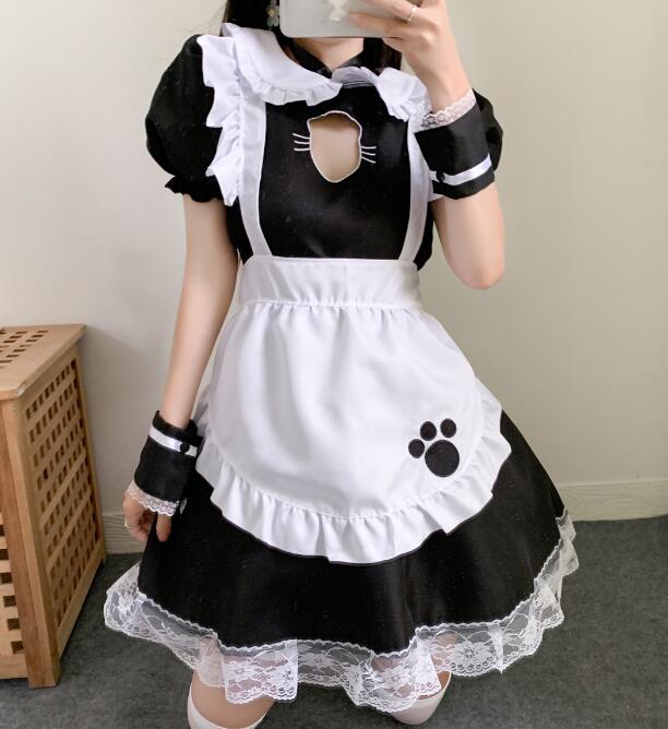 樂天商城 - 半袖ドレス メイドドレス ミモレ丈ワンピース 猫爪 萌え萌え Lolitaミモレ丈 ロリータ ワンピースメイド お姫様 ロリータドレス女性 大人 コスチューム ハロウィン コスプレ フリル裾 エプロンドレス カチューシャ付 学園祭 舞台衣装 仮装 女装