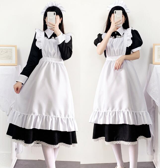 乐天商城 - メイド服 長袖 半袖 ロング丈ワンピースシャツ襟 喫茶店萌え萌え 髪飾り Lolita ロリータ ワンピースメイド お姫様 ロリータドレス女性 大人 コスチューム ハロウィン 可愛い フリル裾 エプロンドレス カチューシャ付 学園祭 舞台衣装 仮装 女装