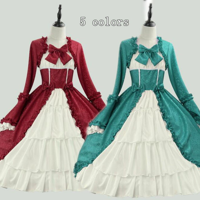 樂天商城 - 欧米風ワンピース 宮廷メイド服 ロング丈/ミモレ丈ワンピース 5色 フリル袖 リボン付き Lolitaミモレ丈 ロリータ メイド お姫様 ロリータドレス女性 大人 コスチューム ハロウィン 可愛い フリル裾 エプロンドレス カチューシャ付 学園祭 舞台衣装 仮装 女装