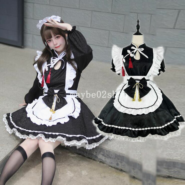 レディースメイドドレス ミモレ丈ワンピースチャイナ風 立ち襟 長袖　半袖喫茶店萌え萌え 髪飾り Lolit..