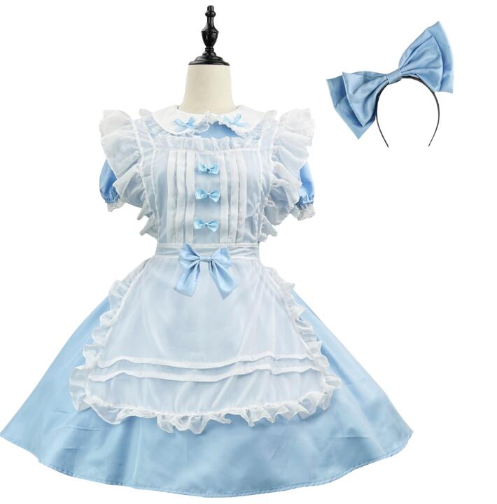 樂天商城 - メイド服 水色 ミモレ丈ワンピース喫茶店萌え萌え 髪飾り Lolitaミモレ丈 ロリータ ワンピースメイド お姫様 ロリータドレス女性 大人 コスチューム パニエ対応 ハロウィン 可愛い フリル裾 エプロンドレス カチューシャ付 学園祭 舞台衣装 仮装 女装