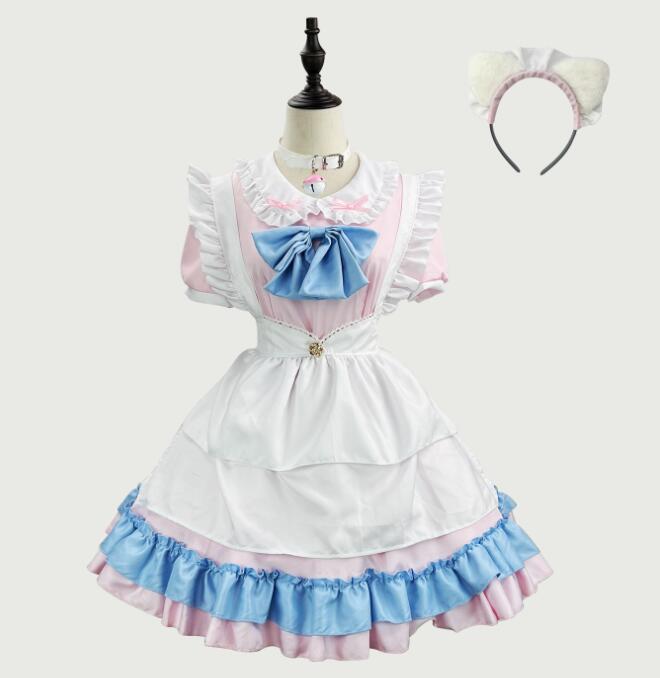 乐天商城 - メイド服 ピンク ミモレ丈ワンピース 猫耳髪飾り大きいリボン喫茶店萌え萌え 髪飾り Lolitaミモレ丈 ロリータ ワンピースメイド お姫様 ロリータドレス女性 大人 コスチューム パニエ対応 ハロウィン フリル裾 エプロンドレス カチューシャ付 学園祭 舞台衣装 仮装 女装