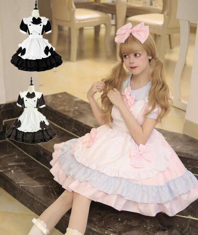 Rakuten - メイド服 リボン付き 配色 3色 ミモレ丈ワンピース lolita可愛い喫茶店萌え萌え 髪飾り Lolitaミモレ丈 ロリータ ワンピースメイド お姫様 ロリータドレス女性 大人 コスチューム ハロウィン 可愛い フリル裾 エプロンドレス カチューシャ付 学園祭 舞台衣装 仮装 女装