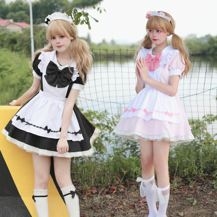 Rakuten - ワンピース メイド服 2色 ミモレ丈ワンピース lolita喫茶店萌え萌え 髪飾り Lolitaミモレ丈 ロリータ ワンピースメイド お姫様 ロリータドレス女性 大人 コスチューム ハロウィン 可愛い フリル裾 エプロンドレス カチューシャ付 学園祭 舞台衣装 仮装 女装