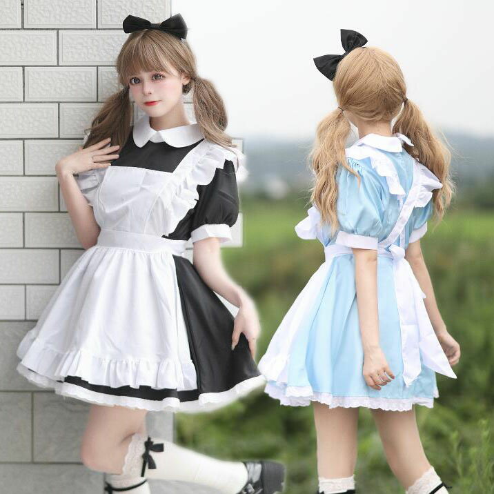 Rakuten - レディースメイドドレス 2色 ミモレ丈ワンピース lolita喫茶店萌え萌え 髪飾り Lolitaミモレ丈 ロリータ ワンピースメイド お姫様 ロリータドレス女性 大人 コスチューム ハロウィン 可愛い フリル裾 エプロンドレス カチューシャ付 学園祭 舞台衣装 仮装 女装
