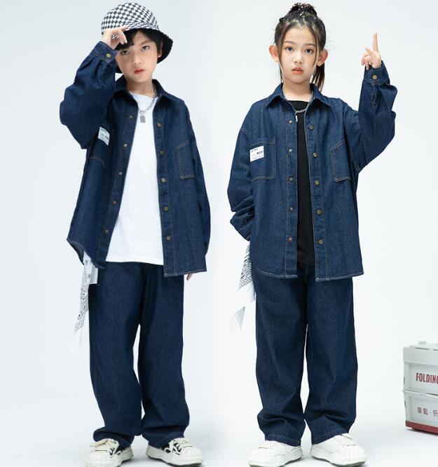 子供ヒップホップジャズダンス衣装 デニムジャケット デニムパンツ白シャツ 黒tシャツ ジーンズ　2点セット/3点セット キッズhiphopjazzダンス服　ゆったり　舞台演出服　女の子/男の子ステージ演出服　社交ダンス衣装　キッズダンス衣装　コスチューム120cm -180cm