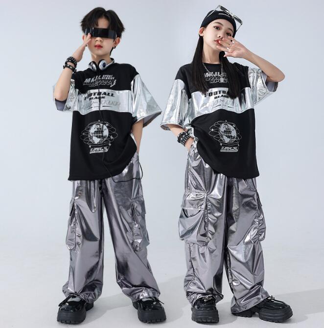 樂天商城 - キッズダンス衣装 光沢感 子供ヒップホップジャズダンス衣装 半袖ダンス衣装 女の子 男の子ダンス キッズhiphopjazzダンス服　ゆったり　舞台演出服　女の子/男の子ステージ演出服　社交ダンス衣装　キッズダンス衣装　コスチューム120cm -180cm