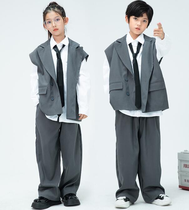 Rakuten - スーツベスト ヒップホップダンス ダンス衣装 子供ヒップホップジャズダンス衣装 長袖シャツ 女の子 男の子ダンス キッズhiphopjazzダンス服舞台演出服　女の子/男の子ステージ演出服　社交ダンス衣装　キッズダンス衣装　コスチューム120cm -180cm