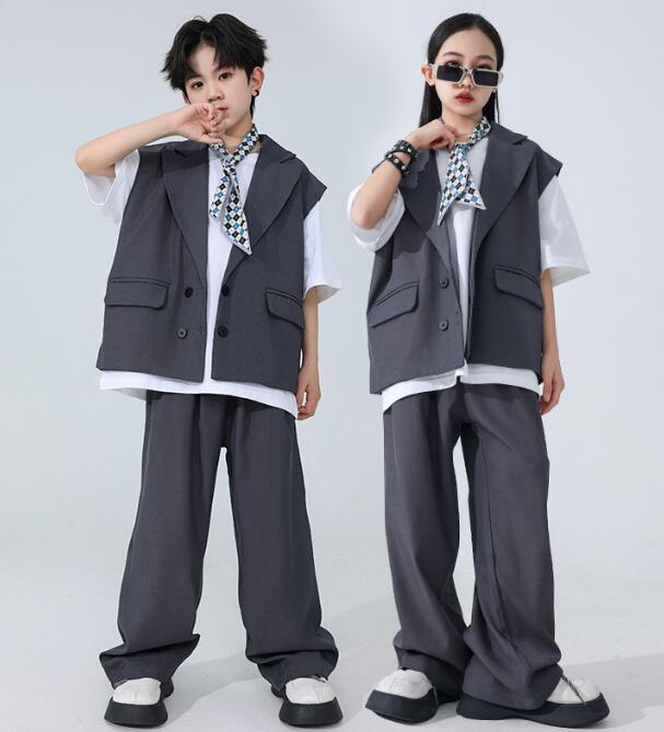 樂天商城 - 半袖Tシャツ スーツベスト ヒップホップダンス ダンス衣装 子供ヒップホップジャズダンス衣装女の子 男の子ダンス キッズhiphopjazzダンス服舞台演出服　女の子/男の子ステージ演出服　社交ダンス衣装　キッズダンス衣装　コスチューム120cm -180cm