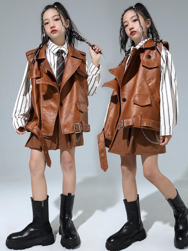 女の子ベスト レザーベスト プリンツスカート ヒップホップダンス 長袖シャツ ダンス衣装 ヒップホップジャズダンス衣装 2点セット/3点セットダンス キッズhiphopjazzダンス服舞台演出服 ステージ演出服 社交ダンス衣装 キッズダンス衣装 コスチューム120cm -180cm