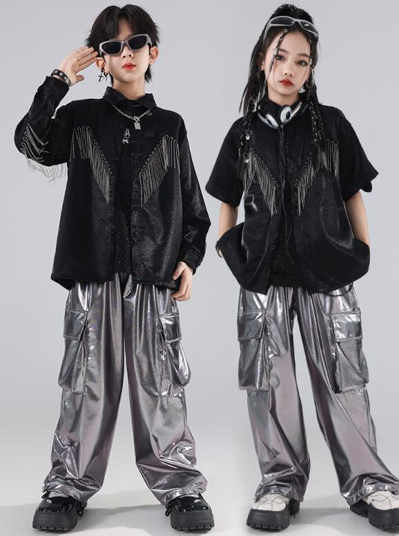 キッズダンス衣装 長袖/半袖シャツコート ヒップホップダンス フリンジ 半袖Tシャツダンス衣装 ヒップホップジャズダンス衣装 2点セット/3点セットダンス キッ...