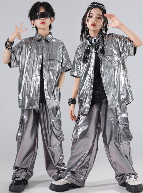 子供ダンス衣装 光沢あり ワイドパンツ 半袖シャツ ヒップホップダンス コートダンス衣装 キッズヒップホップジャズダンス衣装 女の子 男の子ダンス キッズhip...
