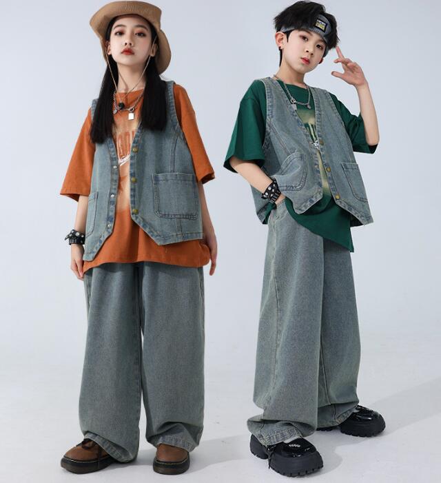Rakuten - デニムベスト キッズダンス衣装 ゆったり デニムパンツ ゆったり半袖Tシャツ ヒップホップダンス　女子ダンス衣装 ジャズダンス衣装ダンス キッズhiphopjazzダンス服舞台演出服ステージ演出服　スカート社交ダンス衣装　キッズダンス衣装　コスチューム120cm -180cm