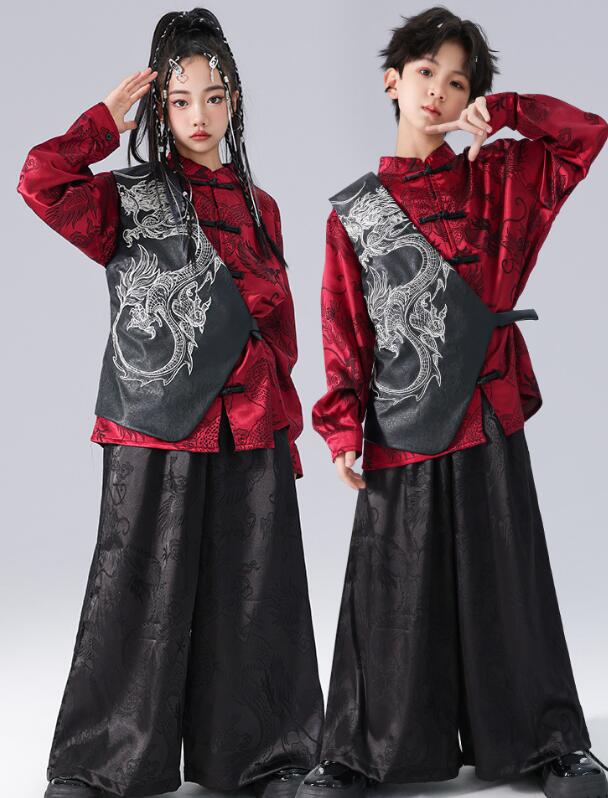 樂天商城 - 子供ダンス衣装 中華風 長袖シャツ 跨き風パンツ キッズダンス衣装 ゆったりロング丈パンツ 龍刺繍 ヒップホップダンス　女子ダンス衣装 ジャズダンス衣装ダンス キッズhiphopjazzダンス服舞台演出服ステージ演出服　社交ダンス衣装　コスチューム120cm -180cm