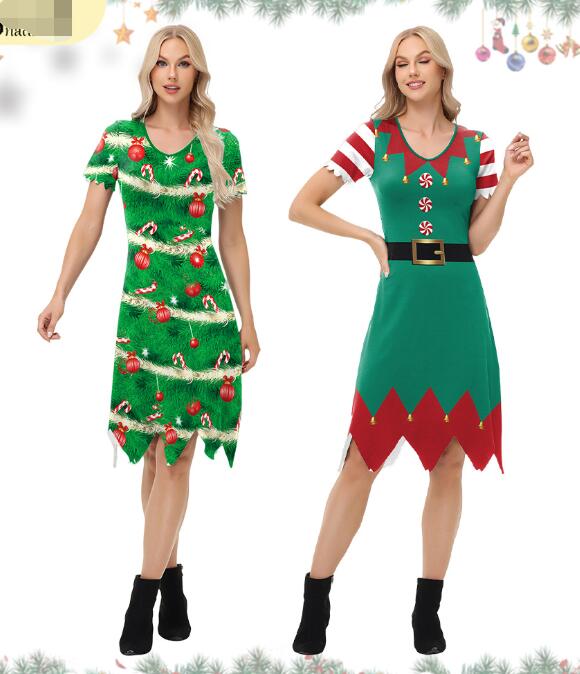 樂天商城 - 半袖ワンピース クリスマス柄ワンピース 女性クリスマスドレス ミモレ丈ワンピース サンタコスプレ衣装 可愛ドレス cosplay サンタクロースドレス 3Dプリントワンピース サンタ 衣装 欧米風 サンタコスプレ衣装 ワンピースコスチューム　S M L XL XXL