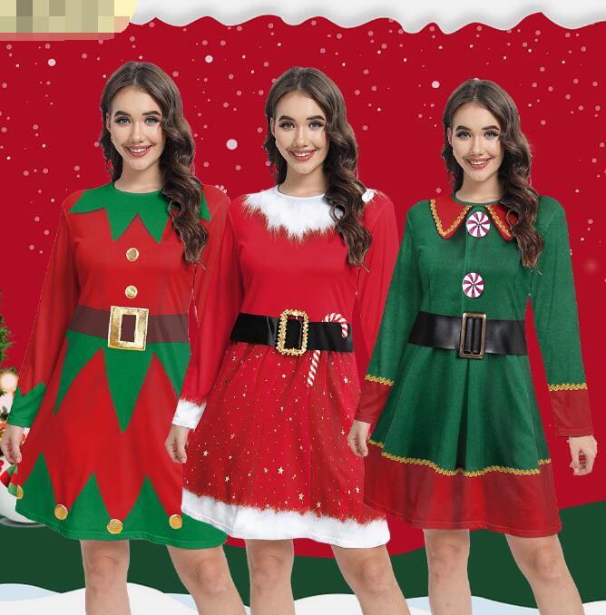 樂天商城 - 長袖ワンピース クリスマス柄ワンピース 女性クリスマスドレス ミモレ丈ワンピース サンタコスプレ衣装 可愛ドレス cosplay サンタクロースドレス 3Dプリントワンピース サンタ 衣装 欧米風 サンタコスプレ衣装 ワンピースコスチューム　S M L XL XXL