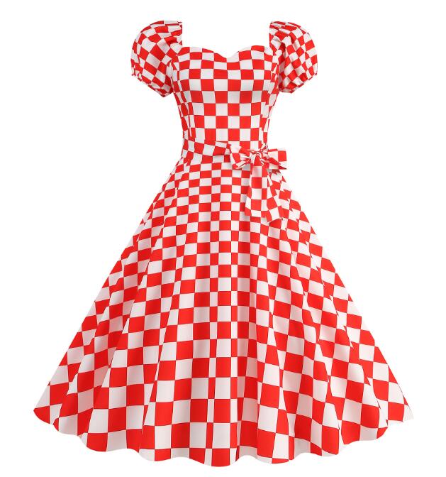 レトロワンピース 社交ダンス衣装 パフスリーブ 半袖ワンピース チェック柄ワンピースリボン付き 大きい裾ワンピース ロング丈/ミモレ丈ワンピース フランス風ドレス大きい裾 レトロワンピースパーティー 舞台お揃い 団服 演出服 イベント衣装 学園祭 文化祭 合唱 練習