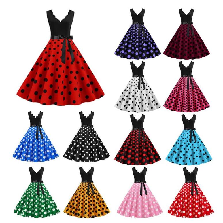 樂天商城 - レトロワンピース 13色 Vネック 社交ダンス衣装 ドッド柄 可愛いドレス 大きい裾ワンピース ロング丈/ミモレ丈ワンピース フランス風ドレス大きい裾 レトロワンピース 細身 パーティードレス 舞台お揃い 団服 演出服 イベント衣装 学園祭 文化祭 合唱 練習