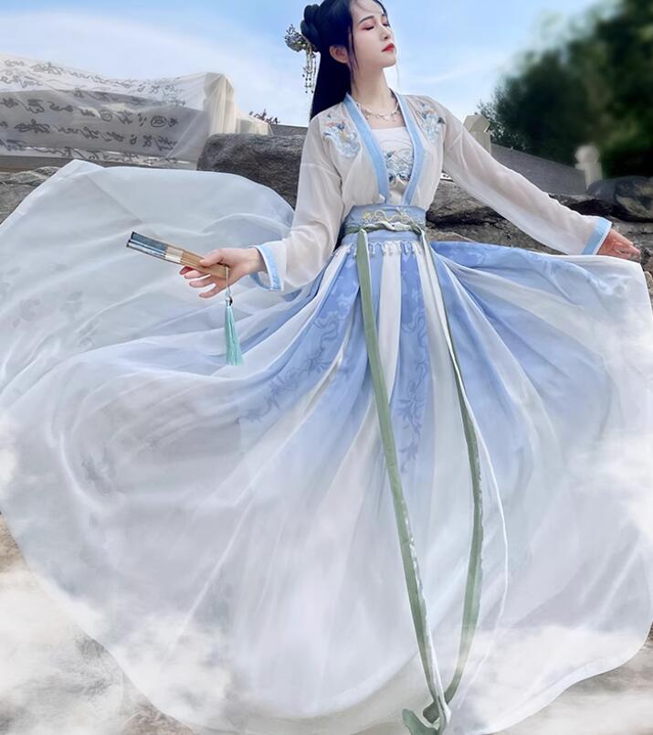 漢服 花刺しゅう花プリント華流 舞台ステージ衣装 中国伝統古典漢服唐装 中国古代宮廷衣装 綺麗な皇后貴妃仮装 中国古典ダンスドレス 写真撮影衣装 中国風ステージコスプレ衣装 ハロウィン コスチューム 仮装 3点セット 4点セットブルー　グリーン