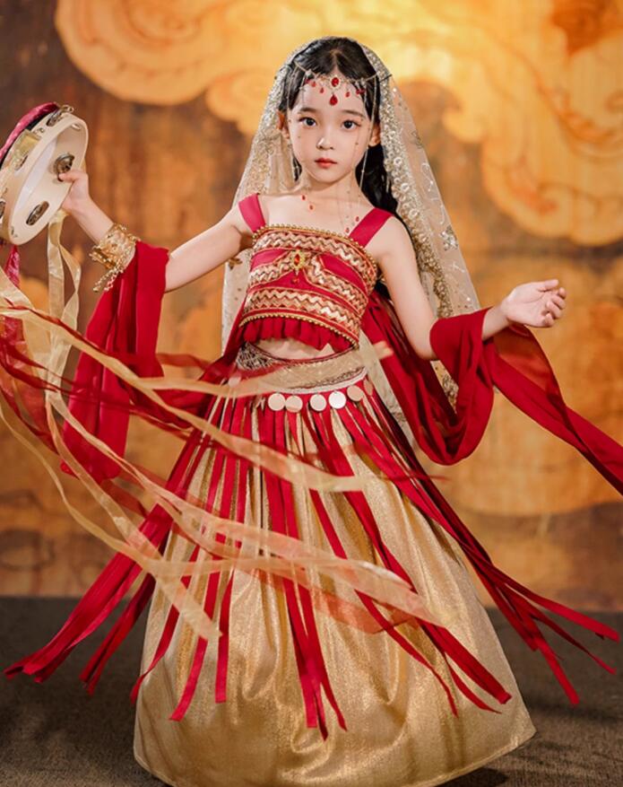 子供敦煌飛天古典舞踊 キッズダンス衣装 唐時代 宮廷舞踊 衣装 ガールズ ダンス衣装 中華ダンス 衣装 ..