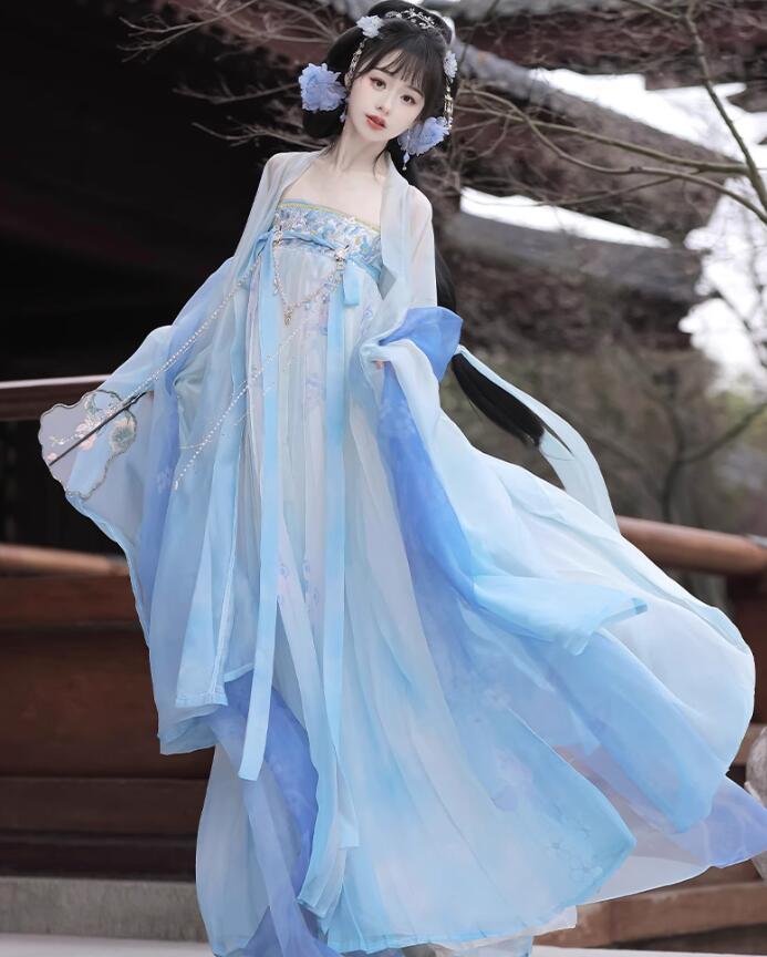 レディースコスプレ衣装 漢服 花プリント華流ブルー羽織 振袖 舞台ステージ衣装 高級感 シフォン 飄逸 中国伝統古典漢服唐装 中国古代宮廷衣装 綺麗な皇后貴妃仮装 中国古典ダンスドレス 写真撮影衣装 中国風ステージコスプレ衣装 ハロウィン コスチューム 仮装
