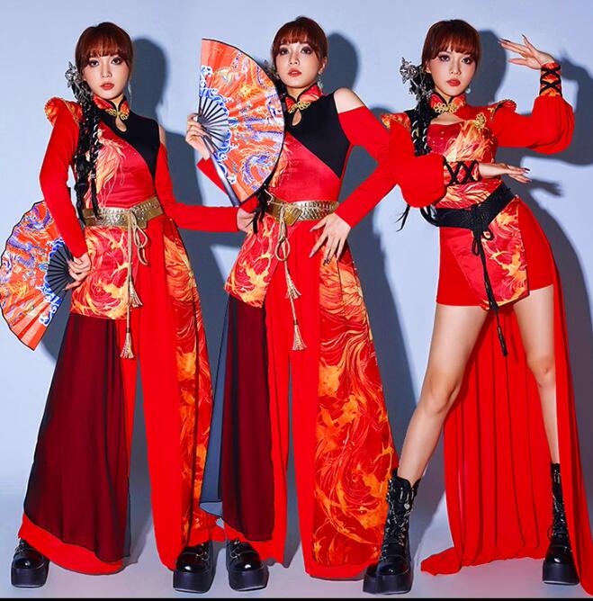 樂天商城 - ジャズダンス衣装 中華風 ヒップホップ エスニック チャイナ民族風 衣装セット 改良 プリント 中華ボタン ロング丈 チャイナドレスロングパンツ 発表会 舞台ステージ衣装 団体服 舞台ダンス衣装 写真撮影衣装 中華風 カンフー 古典ダンス 衣装