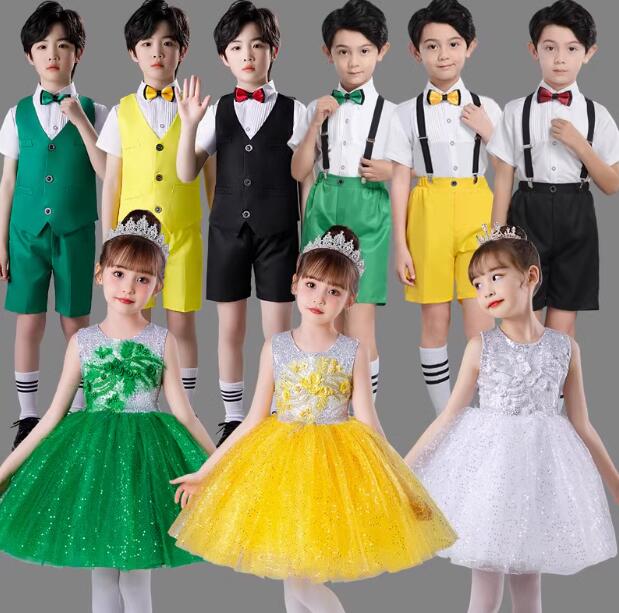 樂天商城 - キッズダンス衣装 袖なし ピカピカ チュチュワンピーススパンコール付き子供ダンス衣装 女の子 男の子大人合唱団団体服 チュールワンピース 半袖シャツ＋ショートパンツ+ベスト蝶ネクタイ付きセット ベスト学園祭舞台ステージ衣装 演出服謝恩会 発表会 演奏会イベント