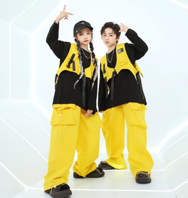 子供ダンス衣装 ベスト+黒シャツ+パンツ3点セット ゆったり 長袖トップス ロング丈パンツ ガーコパンツ ジャズダンス衣装 子供ダンス衣装 女の子 ダンス衣装 イベント学園祭舞台ステージ衣装 演出服謝恩会 発表会 演奏会イベント　110-180cm